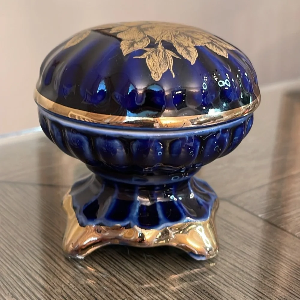 Vintage Cobalt Blue & Gold Footed Trinket Box
